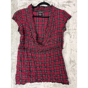 Sam & Max Womens Large V-Neck Red Black Plaid Ruffle Short Sleeved Top Blouse